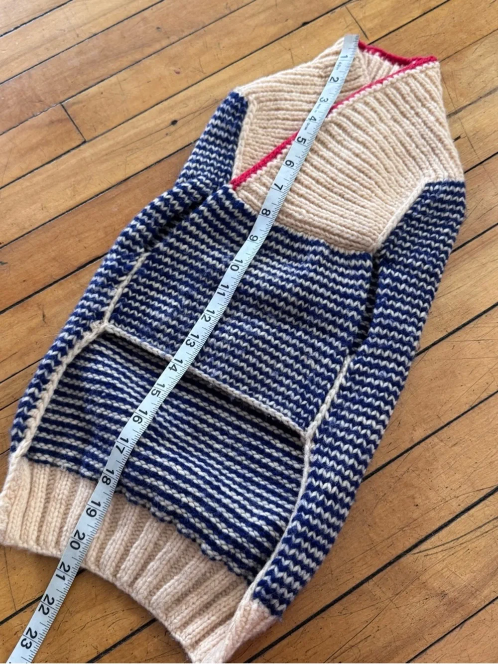 Chilly Dog Sweater wool blue cream striped cowl neck cozy warm dog puppy